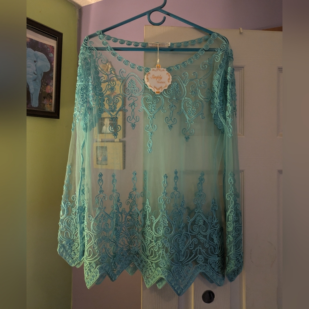 Natori Teal Lace Sheer Camisole Cover-Up